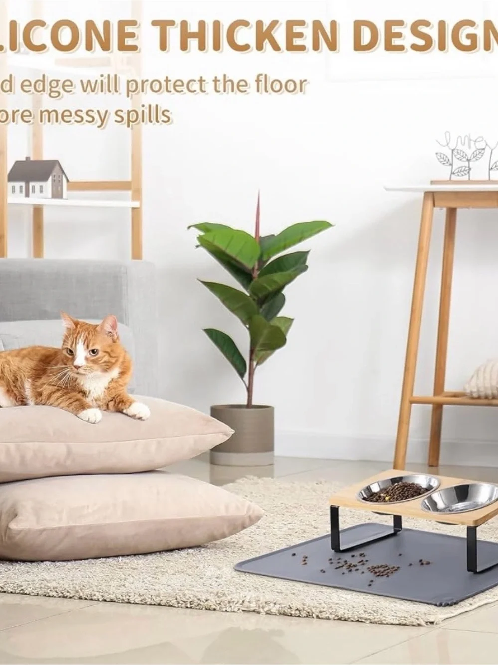 Elevated bamboo cat bowls w/food mat anti vomiting raised cat dishes